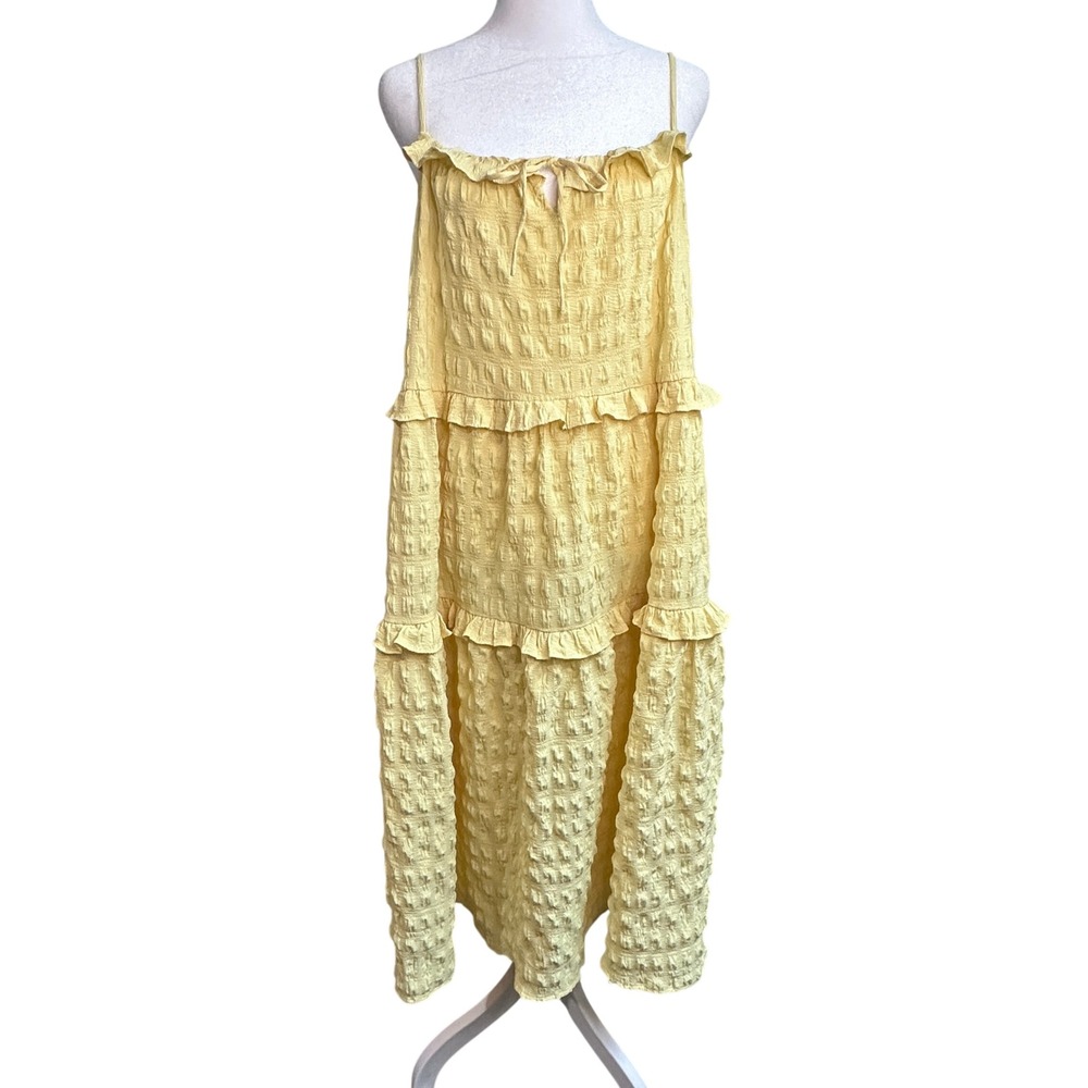 Lush Yellow Smocked‎ Tiered Ruffle Midi Sundress Medium Boho Textured Strap